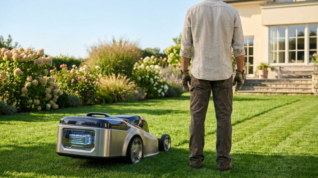 Un homme observe une tondeuse robot moderne et élégante en métal sur une pelouse verdoyante devant une maison.