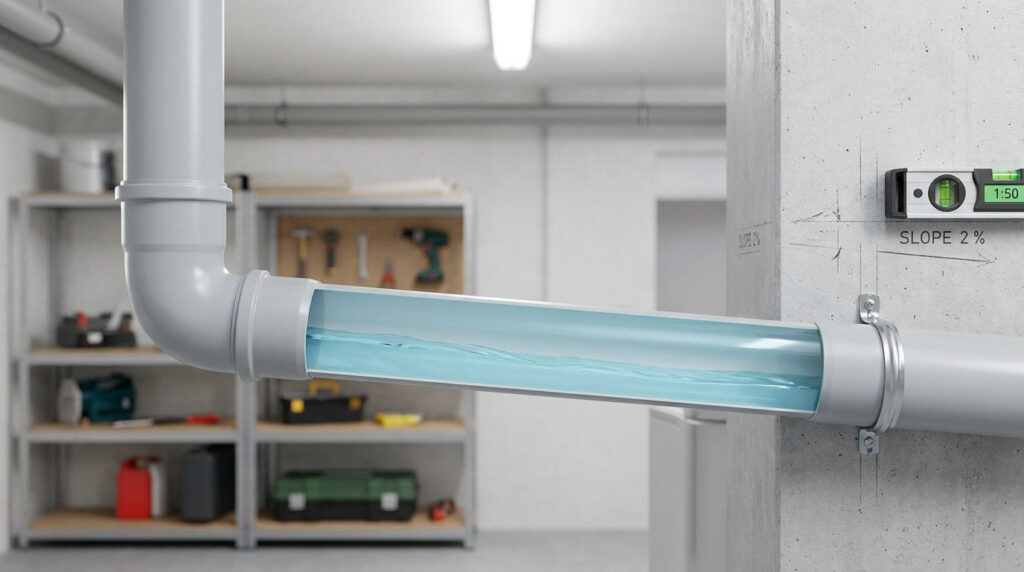 Tuyau PVC avec une section transparente montrant l'écoulement d'eau et un niveau à bulle indiquant une pente de 2 %.