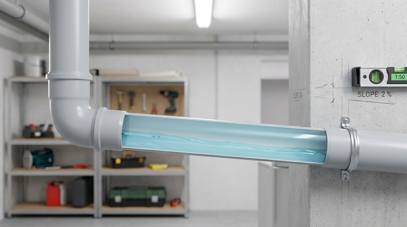 Tuyau PVC avec une section transparente montrant l'écoulement d'eau et un niveau à bulle indiquant une pente de 2 %.